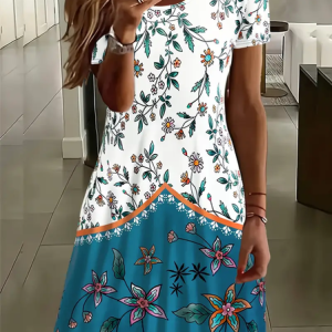 Women Floral Short Sleeve Summer Printing Dress Crew Neck Daily Casual Mini Tunic H-Line Dress, JustFashionNow Casual Dresses, color:white-blue|size:XXL,