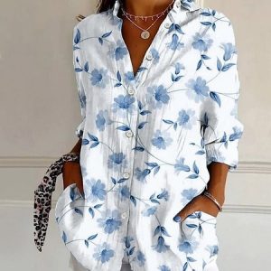 Shirt Collar Long Sleeve Floral Regular Micro-Elasticity Regular Fit Shirt For Women, Shirts, color:As Picture|size:4XL, catalog Noracora shop