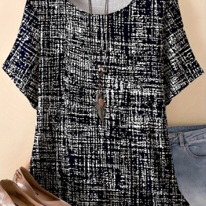 Vintage Abstract Graphic Crew Neck Three Quarter Sleeve T-shirt, T-shirts, color:As Picture|size:4XL, catalog Noracora shop