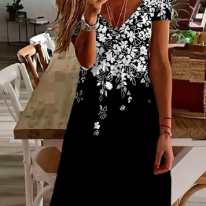 Women Floral Short Sleeve Summer Printing Dress V Neck Daily Casual Midi Fit & Flare Dress A-Line Dress, JustFashionNow Casual Dresses, color:Black|size:5XL,