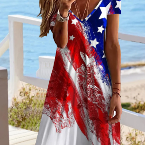 Women America Flag Short Sleeve Summer Printing Dress V Neck Daily Casual Midi Fit & Flare Dress A-Line Dress, JustFashionNow Casual Dresses, color:Red-Blue|size:5XL,