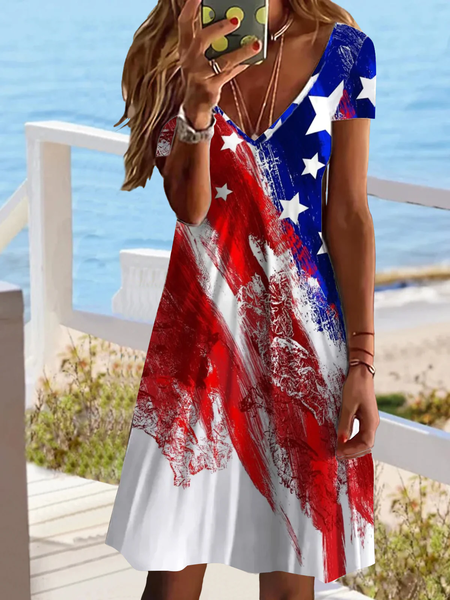 Women America Flag Short Sleeve Summer Printing Dress V Neck Daily Casual Midi Fit & Flare Dress A-Line Dress, JustFashionNow Casual Dresses, color:Red-Blue|size:5XL,