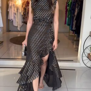 Silver Foil Pattern Sleeveless Cinched Waist Party Dress Elegant Asymmetrical Ruffles Slit Evening Dress, women Maxi Dresses, ChicMe catalog