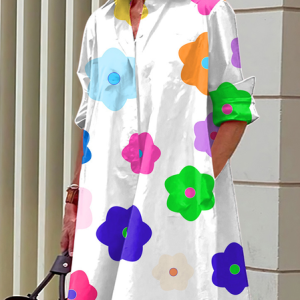 Women Random Print Shirt Collar Long Sleeve Comfy Casual Pocket Stitching Midi Dress, Dresses, color:Color5|size:3XL, catalog Noracora shop