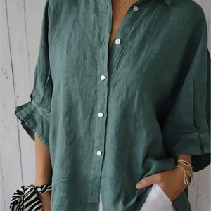 Women Plain Three Quarter Sleeve Shirt Spring/Fall Shirt Collar Daily Casual Top, JustFashionNow Shirts, color:Green|size:XL,