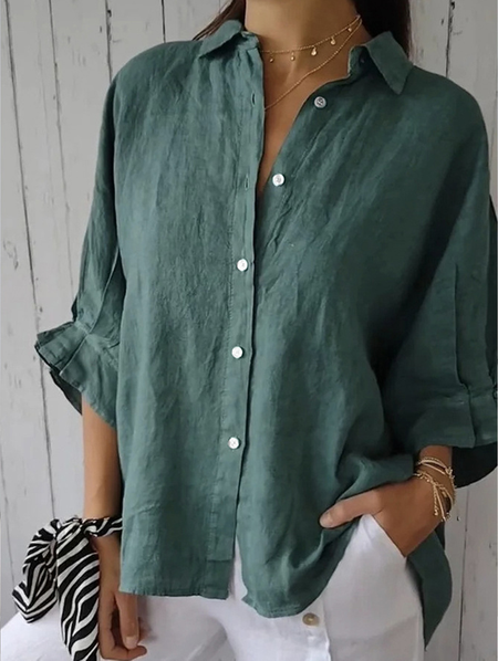 Women Plain Three Quarter Sleeve Shirt Spring/Fall Shirt Collar Daily Casual Top, JustFashionNow Shirts, color:Green|size:XL,