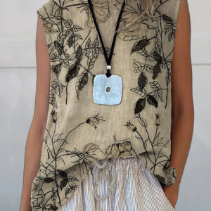 Women Sleeveless Tank Top Camisole Summer Floral Printing Crew Neck Daily Casual Top, JustFashionNow Tanks & Camis, color:Khaki|size:4XL,
