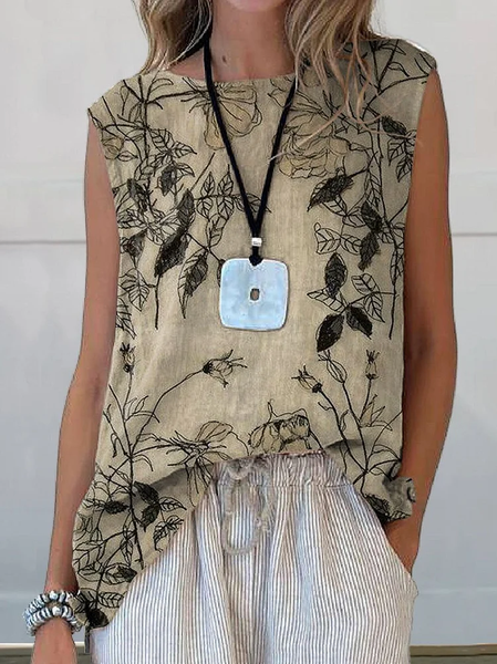 Women Sleeveless Tank Top Camisole Summer Floral Printing Crew Neck Daily Casual Top, JustFashionNow Tanks & Camis, color:Khaki|size:4XL,