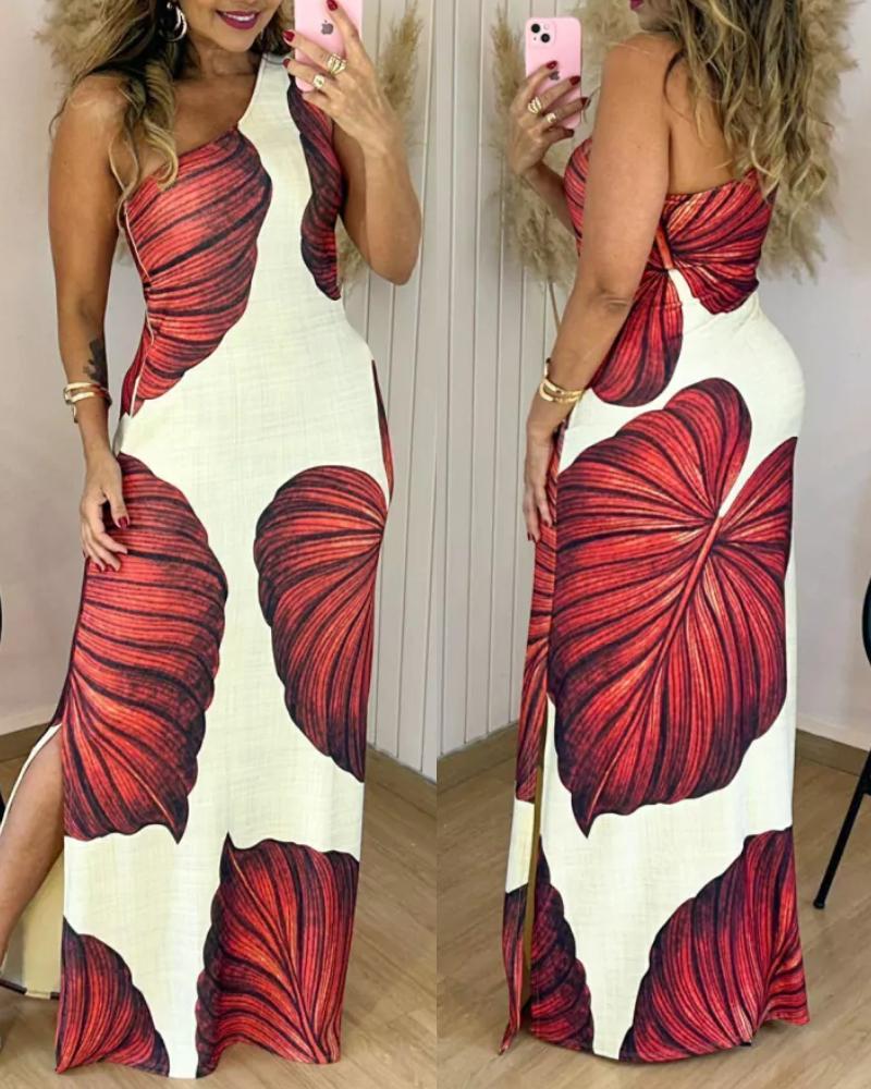 Tropical Print One Shoulder Bodycon Slit Dress Sexy Slim Fit Maxi Dress, women Maxi Dresses, ChicMe catalog - Image 2