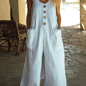 Women Plain Crew Neck Sleeveless Casual Summer Cotton Jumpsuit, Jumpsuits&Rompers, color:White|size:4XL, catalog Noracora shop
