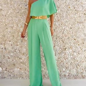 Ruffle One Shoulder Zipper Side Pleated Front Overalls Casual High Waist Wide Leg Jumpsuit without Belt, women Jumpsuits, ChicMe catalog