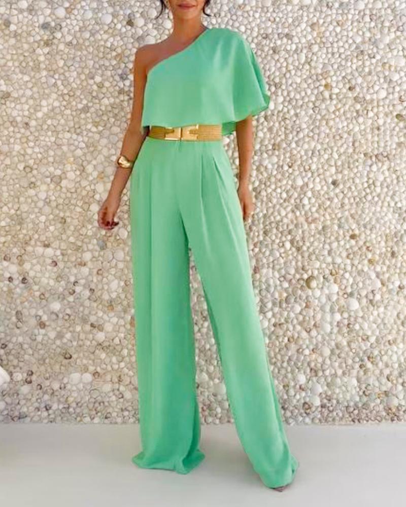 Ruffle One Shoulder Zipper Side Pleated Front Overalls Casual High Waist Wide Leg Jumpsuit without Belt, women Jumpsuits, ChicMe catalog