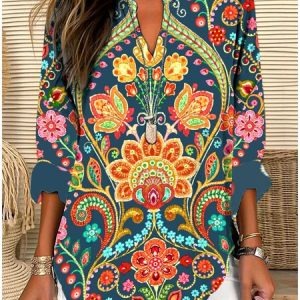 V Neck Long Sleeve Geometric Regular Micro-Elasticity Regular Fit Shirt For Women, Shirts, color:Navyblue|size:4XL, catalog Noracora shop