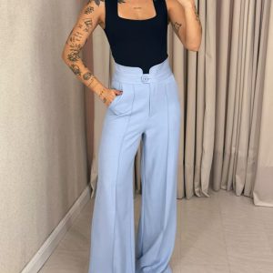 High Waist Single Button Seam Front Straight Leg Pants With Slanted Pockets, women Pants, ChicMe catalog