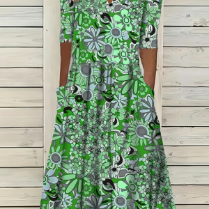 Women Floral Short Sleeve Summer Printing Dress V Neck Daily Casual Maxi Fit & Flare Dress H-Line Dress, JustFashionNow Casual Dresses, color:Green|size:3XL,