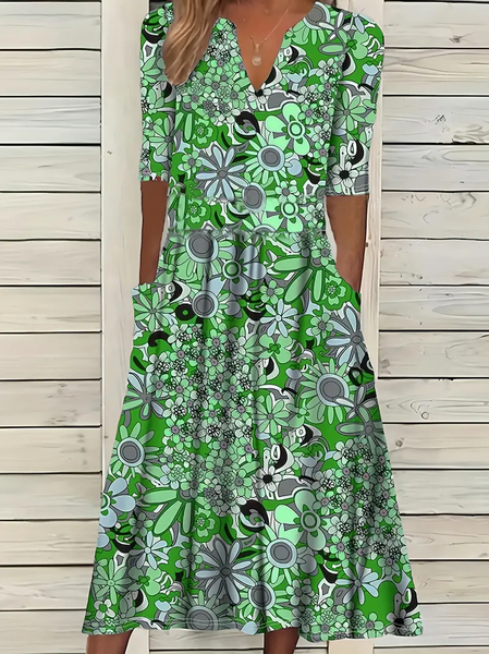 Women Floral Short Sleeve Summer Printing Dress V Neck Daily Casual Maxi Fit & Flare Dress H-Line Dress, JustFashionNow Casual Dresses, color:Green|size:3XL,