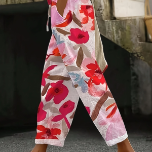 Women Floral Long Pants Casual Spring/Fall Trousers, JustFashionNow Pants, color:Pink|size:5XL,