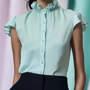 Urban Plain Peplum Stand Collar Ruffle Sleeve Shirt, Blouses and Shirts, color:As Picture|size:XXL, Stylewe