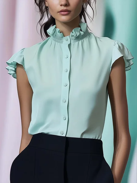 Urban Plain Peplum Stand Collar Ruffle Sleeve Shirt, Blouses and Shirts, color:As Picture|size:XXL, Stylewe