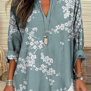 Shawl Collar Half Sleeve Floral Regular Loose Blouse For Women, Blouses, color:Light Blue|size:4XL, catalog Noracora shop