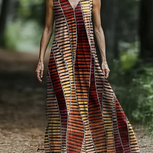 Women Geometric V Neck Sleeveless Comfy Casual Maxi Dress, Maxi, color:Brown|size:3XL, catalog Noracora shop