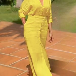 Linen blend Vacation Plain Raglan Sleeves V Neck Maxi Dress, Maxi Dresses, color:Yellow|size:XXL, Stylewe