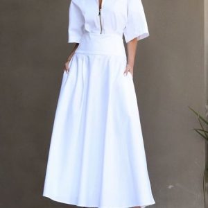 Cotton Urban Plain Raglan Sleeve V Neck Maxi Dress, Maxi Dresses, color:White|size:XXL, Stylewe