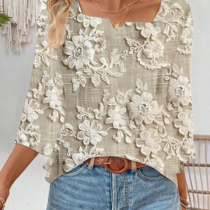 Women Floral Three Quarter Sleeve Blouse Spring/Fall Printing Notched Daily Casual Top, JustFashionNow Blouses, color:As Picture|size:XXL,