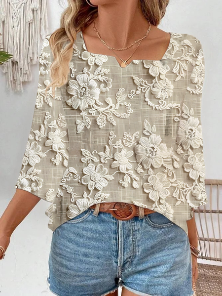 Women Floral Three Quarter Sleeve Blouse Spring/Fall Printing Notched Daily Casual Top, JustFashionNow Blouses, color:As Picture|size:XXL,