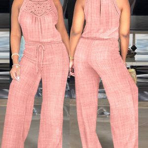Halter Hollow-out Lace Patchwork Overalls Casual Drawstring Wide Leg Jumpsuit, women Jumpsuits, ChicMe catalog