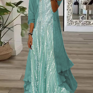 Women Abstract Printing Two-Piece Set Daily Three Quarter Sleeve Casual Spring/Fall Dress With Coat Matching Set, JustFashionNow 2-Piece Dresses, color:Green|size:XXL,