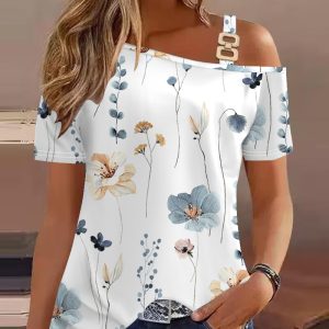 Floral Print Buckled Cold Shoulder Top, women T-shirt & Tees, ChicMe catalog