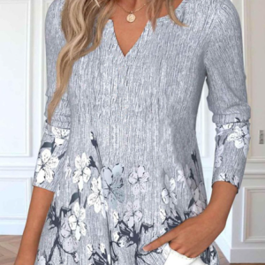 V Neck Long Sleeve Floral Regular Medium Elasticity Loose Blouse For Women, Blouses, color:As Picture|size:XXL, catalog Noracora shop