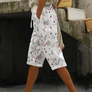 Women Floral Fifth Pants Pant Casual Summer Trousers, JustFashionNow Pants, color:White|size:4XL,