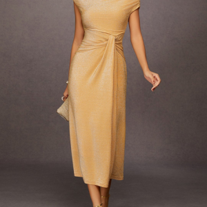 Urban Sparkly Glitter Elastic Waist Midi Dress, Midi Dresses, color:Champagne|size:XXL, Stylewe