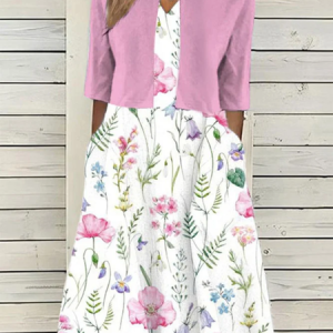 Women Floral V Neck Short Sleeve Comfy Casual Dress With Coat Two-Piece Set, Sets, color:Pink-white|size:3XL, catalog Noracora shop