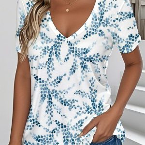 Casual Botanical Pattern V Neck Short Sleeve T-shirt, T-shirts, color:Blue|size:5XL, catalog Noracora shop