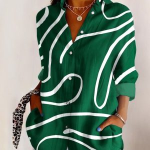 Shirt Collar Long Sleeve Geometric Regular Micro-Elasticity Regular Fit Shirt For Women, Shirts, color:Green|size:4XL, catalog Noracora shop