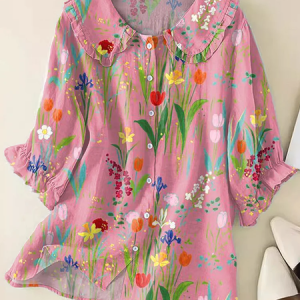 Shawl Collar Short Sleeve Floral Printing Regular Loose Button Up Shirt Shirt For Women, Shirts, color:Pink|size:5XL, catalog Noracora shop