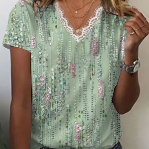 Women Abstract Stripes Short Sleeve Tee T-shirt V Neck Printing Casual Summer Graphic Tee Top, JustFashionNow T-Shirts, color:Green|size:4XL,
