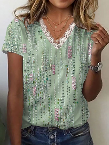 Women Abstract Stripes Short Sleeve Tee T-shirt V Neck Printing Casual Summer Graphic Tee Top, JustFashionNow T-Shirts, color:Green|size:4XL,