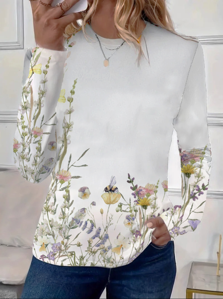 Women's Long Sleeve Tee T-shirt Spring/Fall Floral Printing Crew Neck Casual Graphic Tee Top, JustFashionNow T-Shirts, color:White|size:XXL - Image 2