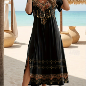 Women Floral Short Sleeve Summer Printing Dress Crew Neck Daily Casual Maxi Fit & Flare Dress A-Line Dress, JustFashionNow Casual Dresses, color:Black|size:5XL,
