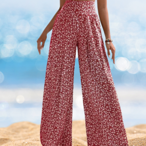 Women Floral Long Elastic Waist Pants Casual Spring/Fall Trousers, JustFashionNow Pants, color:Red|size:3XL,