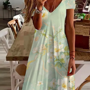 Women Floral Short Sleeve Summer Printing Dress V Neck Daily Casual Midi Fit & Flare Dress A-Line Dress, JustFashionNow Casual Dresses, color:Green|size:5XL,