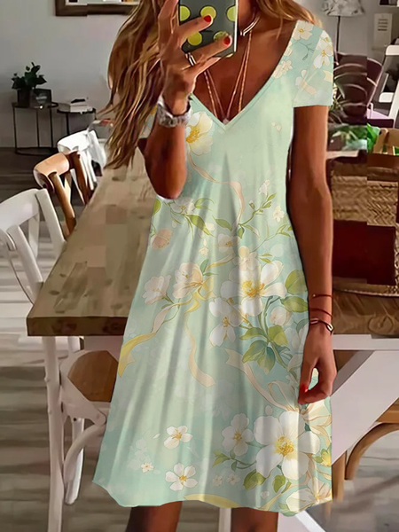 Women Floral Short Sleeve Summer Printing Dress V Neck Daily Casual Midi Fit & Flare Dress A-Line Dress, JustFashionNow Casual Dresses, color:Green|size:5XL,
