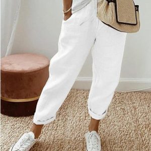 Women Plain Long Pant Casual Spring/Fall Trousers, JustFashionNow Pants, color:White|size:4XL,