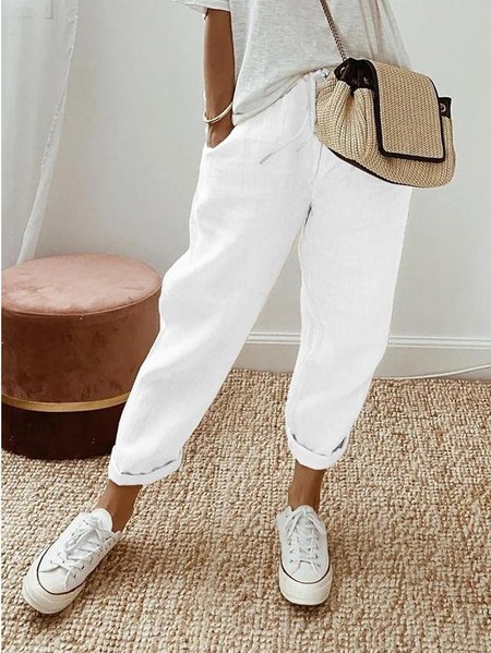 Women Plain Long Pant Casual Spring/Fall Trousers, JustFashionNow Pants, color:White|size:4XL,