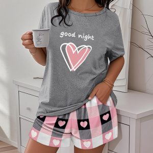 2 Pieces Outfit Womens Short Sleeve T-shirt and Plaid Heart Pattren Shorts Set Loungewear Pajamas Set, women Pajamas Sets, ChicMe catalog