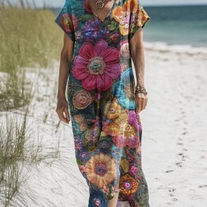 Women Floral V Neck Short Sleeve Comfy Casual Maxi Dress, Maxi, color:Blue|size:4XL, catalog Noracora shop